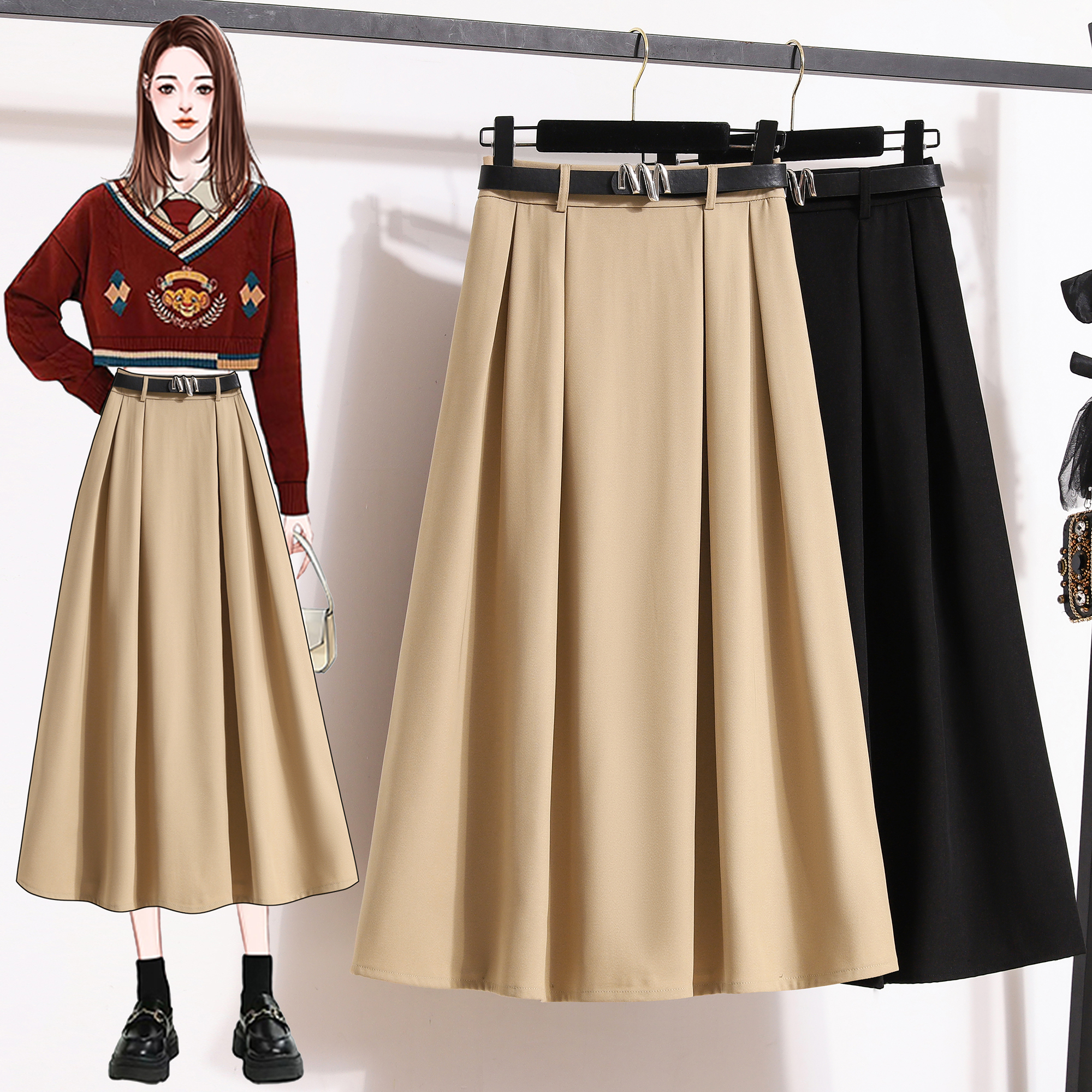 07488 Real shot~Large size skirt, women's high waist umbrella skirt, black suit skirt, autumn long skirt, mid-length a-line skirt