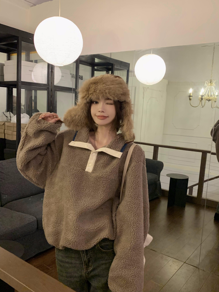 軟糯羊羔毛時尚休閒女秋冬新款寬鬆加絨加厚衛衣韓版復古慵懶立領