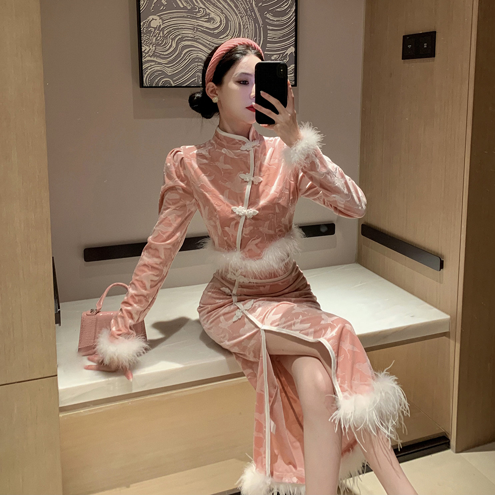 實拍 女裝秋冬復古國風絲絨毛毛旗袍上衣半身裙兩件套