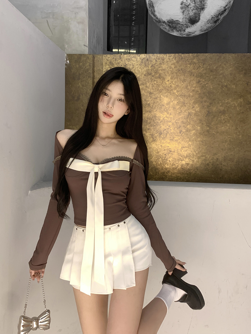 實拍 咖色蝴蝶結絲帶裝飾打底長袖彈力甜酷修身顯瘦美式上衣