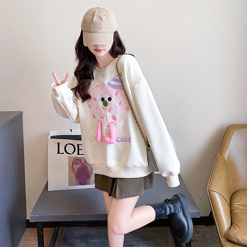 實拍複合真超加絨加厚400克衛衣女立體裝飾刺繡圓領保暖上衣200斤