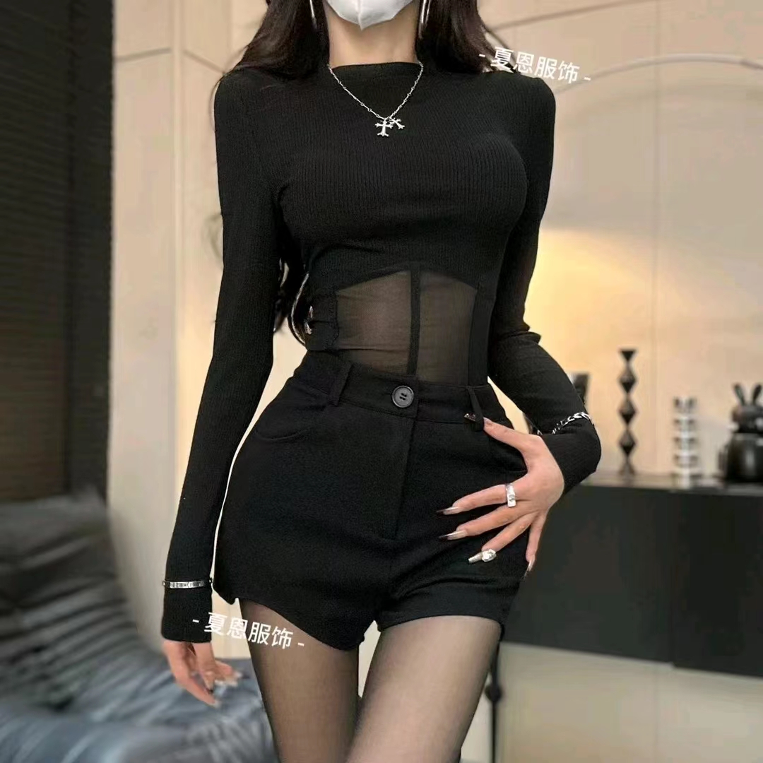 琪琪推薦性感辣妹顯瘦半高領長袖T恤設計感緊身網紗上衣66342