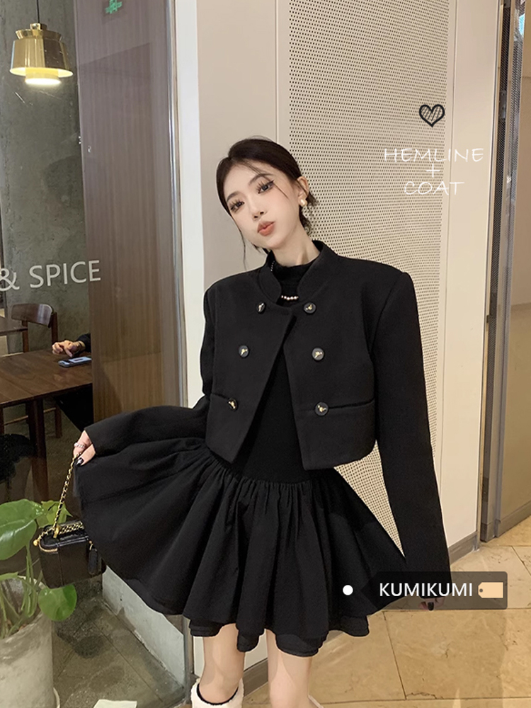 Thousand gold little black skirt + stand collar short coat for women autumn and winter 2023 new style temperament short cardigan double breasted top