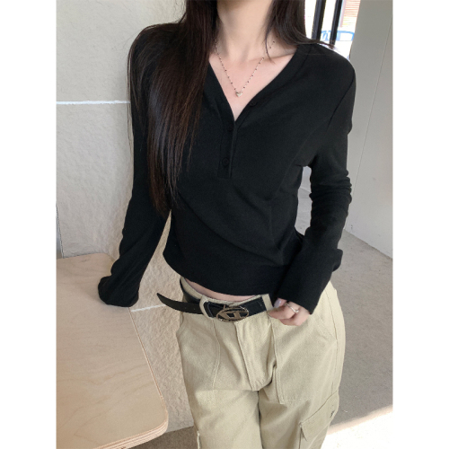 Real shot of thermal and warm thickened German velvet slim fit top  new autumn and winter inner v-neck short long-sleeved T-shirt