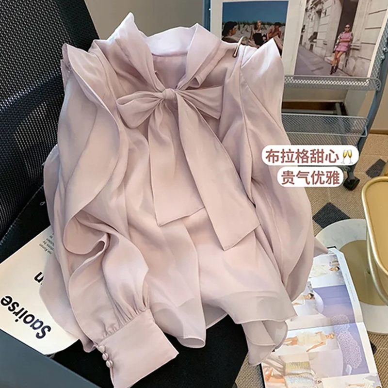 質檢官圖法式別致獨特仙氣漂亮雪紡蝴蝶結襯衫顯瘦上衣小衫