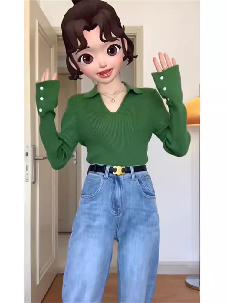 Green polo collar inner wool sweater for women, spring, autumn, autumn and winter short slim-fitting bottoming sweater, high-end top