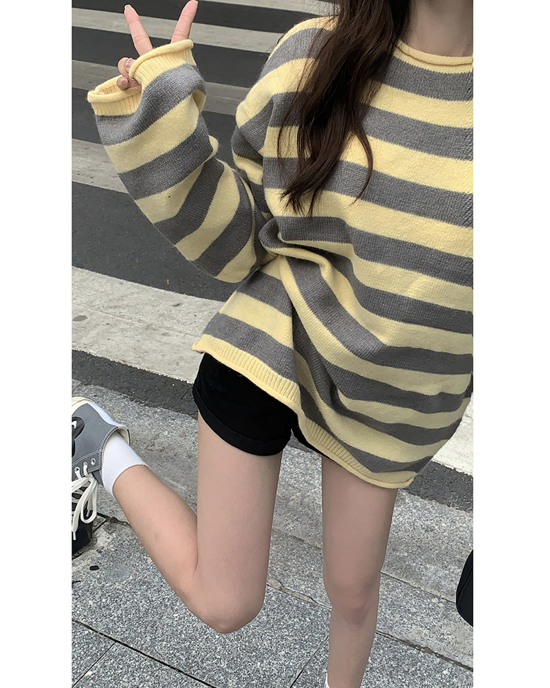 實拍三標齊小個子慵懶寬鬆中長款彩條紋長袖針織上衣