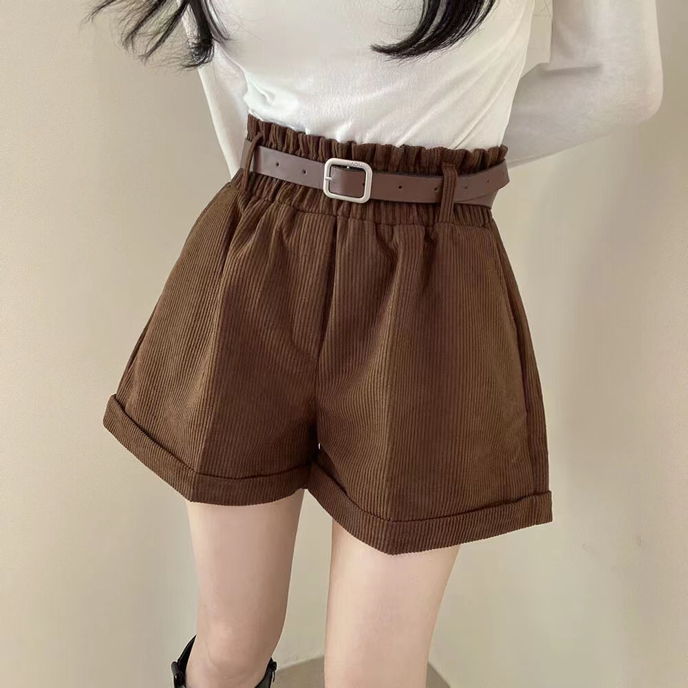 韓版配腰帶燈芯絨短褲女高腰顯瘦闊腿外穿休閒靴褲
