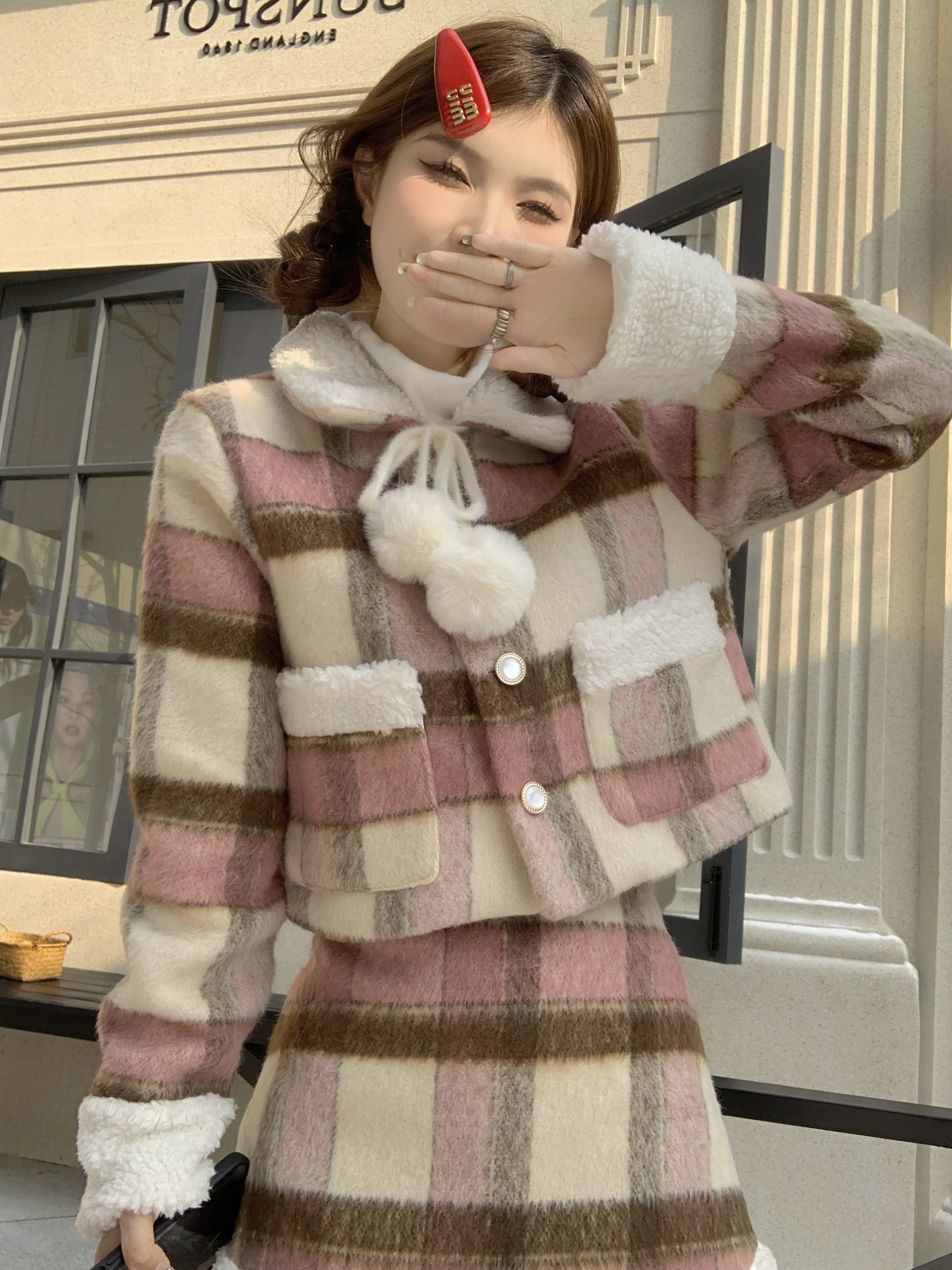 Actual shot of Blackberry and Laurel, sweet, cool, gentle, plaid, slim and elegant woolen short coat and skirt suit for women