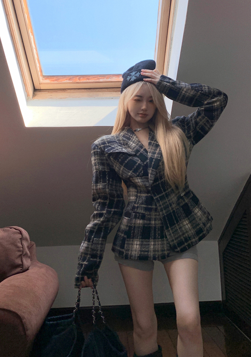 實拍美式復古格子毛呢外套收腰顯瘦秋冬西服上衣加棉女