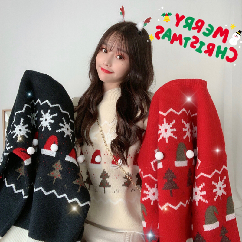 New autumn and winter Korean style lazy style Christmas color matching loose and versatile thickened pullover sweater