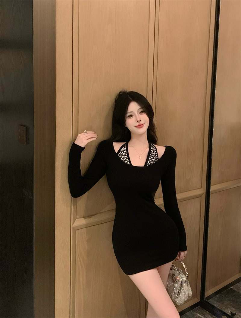 實拍 甜辣妹性感掛脖拼接連衣裙打底裙短裙收腰包臀裙子女