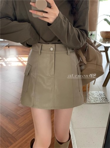 THE LEMON lemon green tea autumn American retro niche tooling high waist thin solid color a-line skirt leather skirt