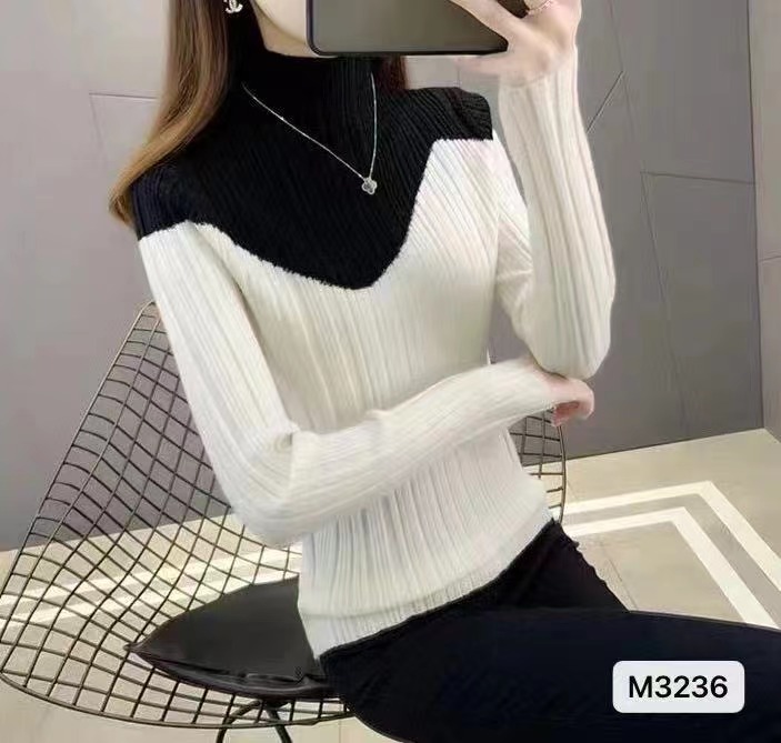 秋冬新款韓風半高領拼色坑條修身打底衫長袖上衣女