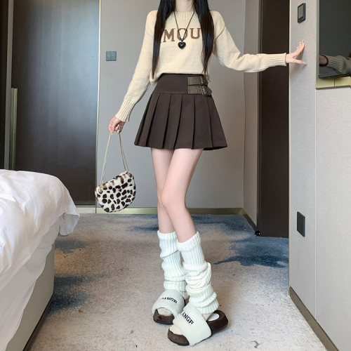 Actual shot of  new design niche high-waist slimming A-line pleated short skirt woolen skirt for small people