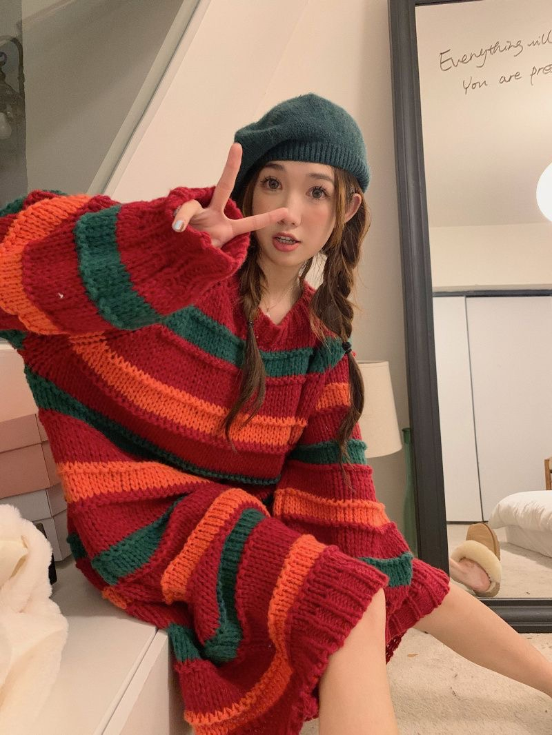 港味條紋紅色針織連衣裙女冬季加厚長袖毛衣裙寬鬆減齡長裙