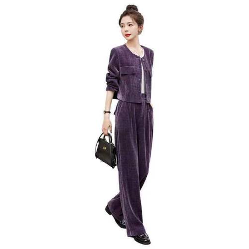 小香风紫色套装女2023春秋季新款阔腿裤御姐气质女神范时尚两件套