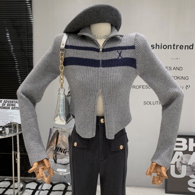 美式復古撞色POLO領雙拉鏈針織開衫女春秋修身顯瘦短款毛衣外套潮