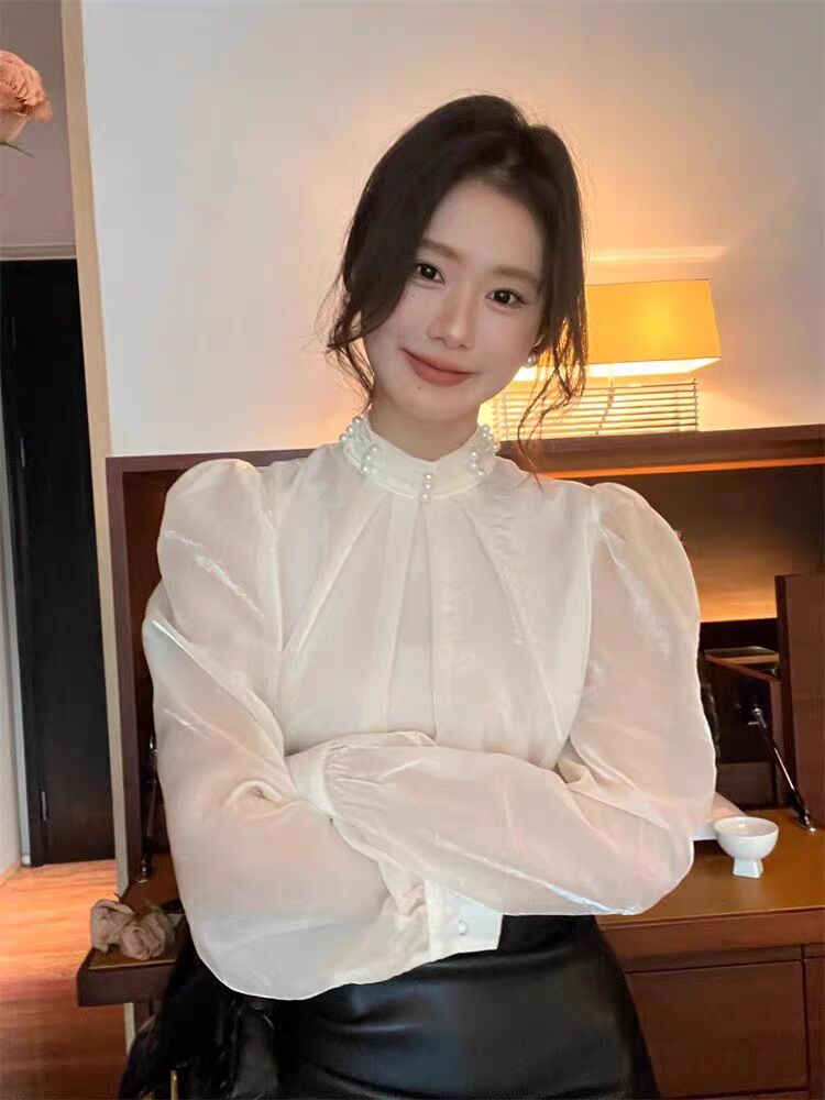 HOWHEEHEE French stand collar beaded small fragrance shirt women's high-end design bubble long-sleeved top