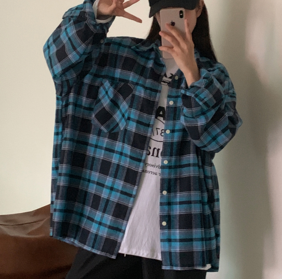 已保護~秋冬少女可愛復古學院oversize寬鬆格子大版襯衫襯衣