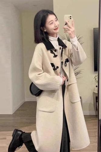 Horn button woolen coat for women autumn and winter high-end loose Korean style for small people  new thick woolen coat