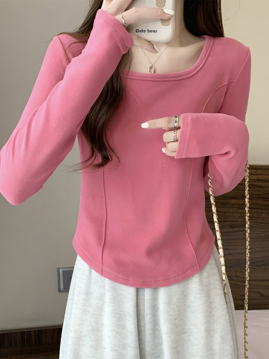 長袖打底衫女內搭2023秋冬新款設計感別致魚骨上衣加絨修身t恤女