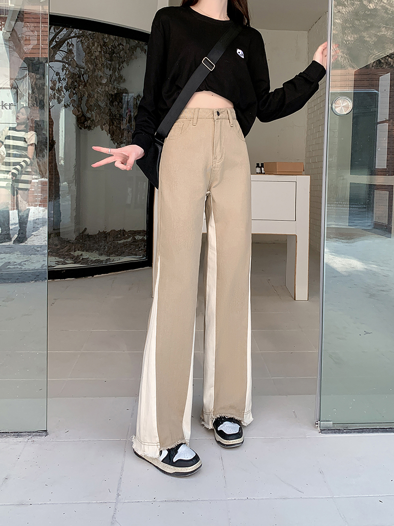 實拍~美式復古辣妹高腰杏色拼色牛仔褲女喇叭褲褲子高街ins潮