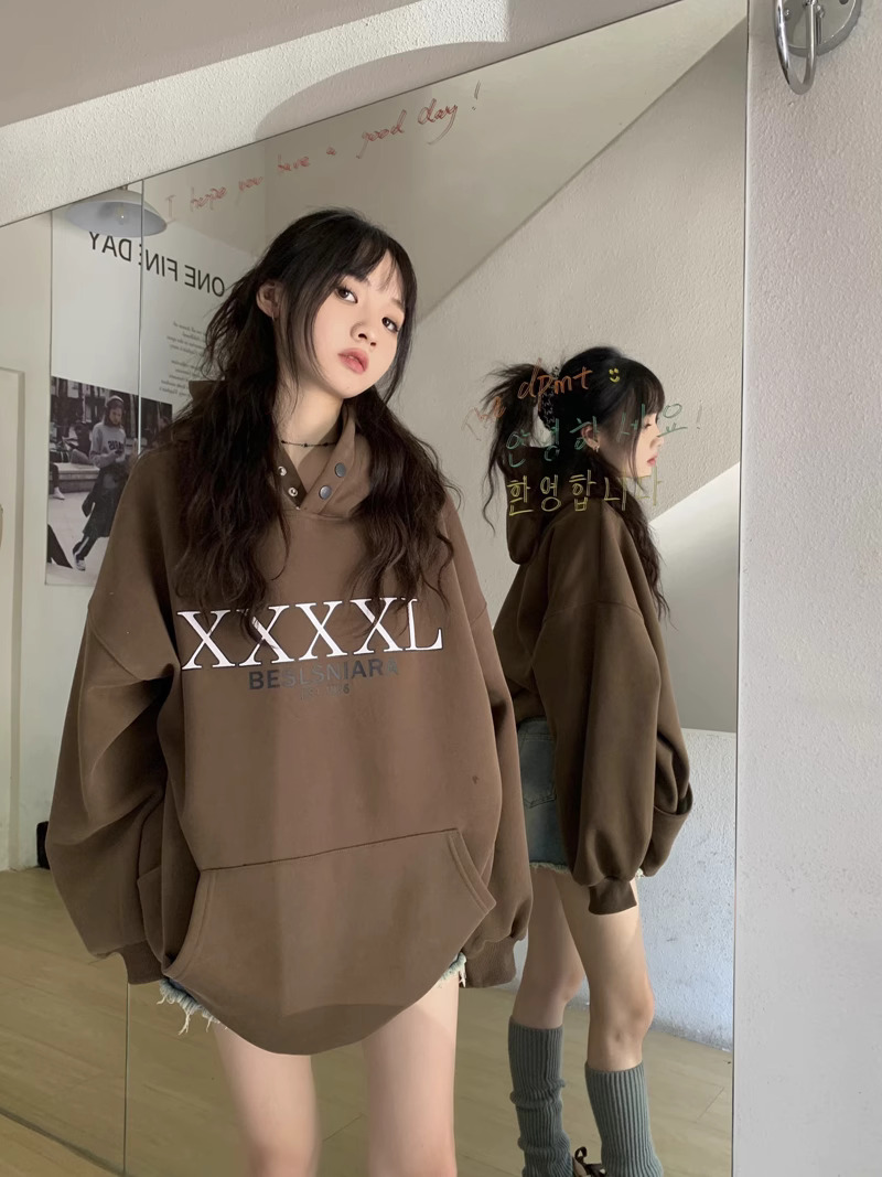 復古字母印花加絨中長款連帽衛衣女裝秋冬新款慵懶風寬鬆長袖上衣