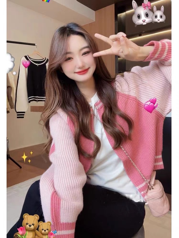 Autumn and winter color-blocked soft waxy round neck zipper knitted jacket for women new style lazy temperament fashion loose outer top