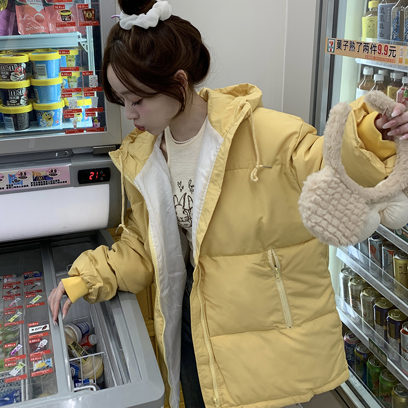 Actual shot~ Creamy yellow white duck down hooded down jacket women's short thickened little coat winter