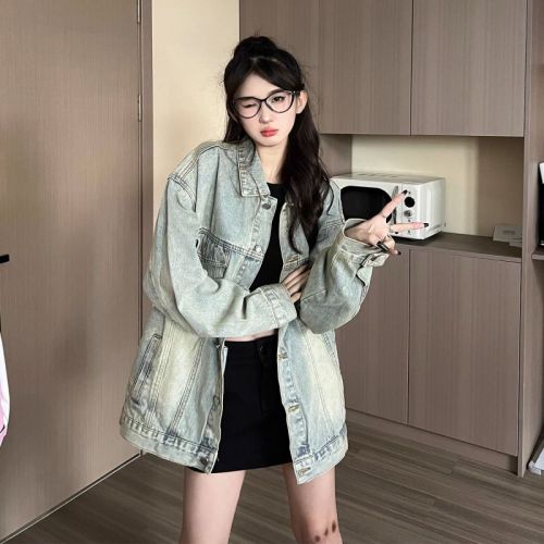 American Hong Kong style washed denim jacket for women casual and versatile college style retro loose casual long-sleeved jacket top