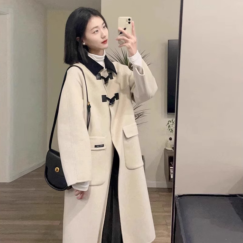 Horn button woolen coat for women autumn and winter high-end loose Korean style for small people 2023 new thick woolen coat