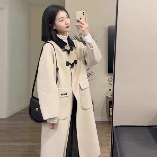 Horn button woolen coat for women autumn and winter high-end loose Korean style for small people  new thick woolen coat