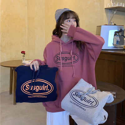 Autumn and winter 2023 new Korean style loose velvet thickened letter printed mid-length long-sleeved sweatshirt top for female students