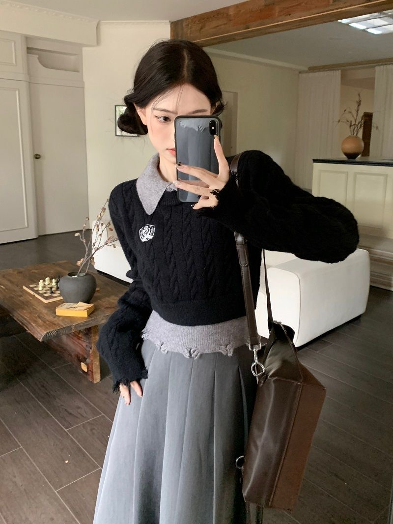 polo領針織衫女裝秋季2023新款學院風假兩件修身顯瘦破洞長袖毛衣