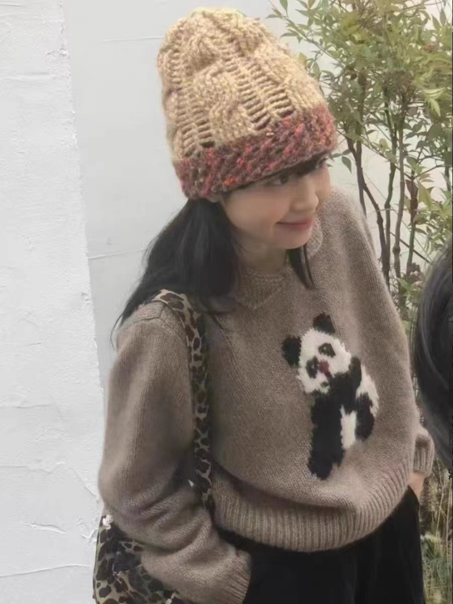 韓版復古小熊貓翻領套頭毛衣女秋冬2023新品超好看寬鬆針織衫上衣