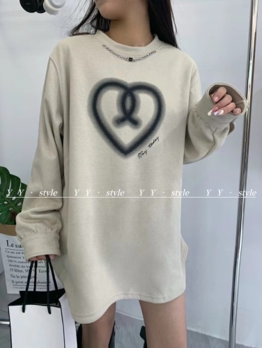 Thickened fleece long-sleeved T-shirt for women 2023 autumn and winter love letters printed casual loose round neck chain top