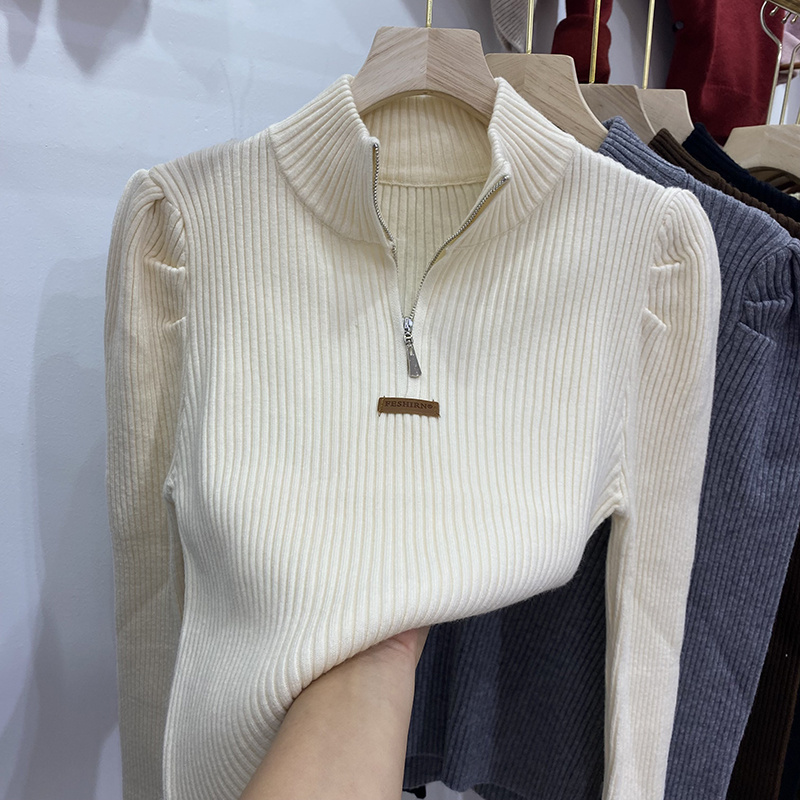 加厚毛衣女秋冬2023新款立領半拉鏈泡泡袖針織衫內搭修身顯瘦上衣