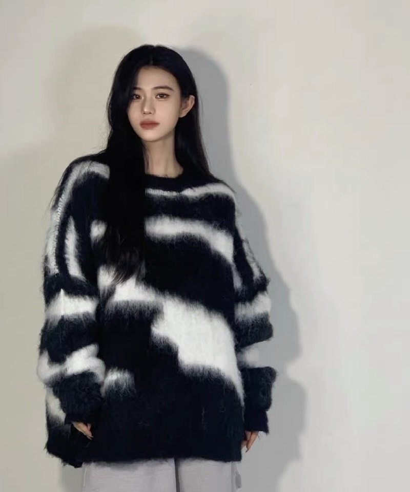 慵懶風寬鬆加厚中長款軟糯撞色日系毛衣女秋冬2023新款針織衫上衣