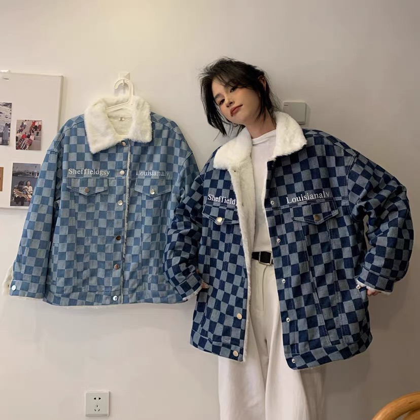 棋盤格棉衣外套女2023秋冬新款韓系寬鬆加絨加厚冬季牛仔棉服棉襖