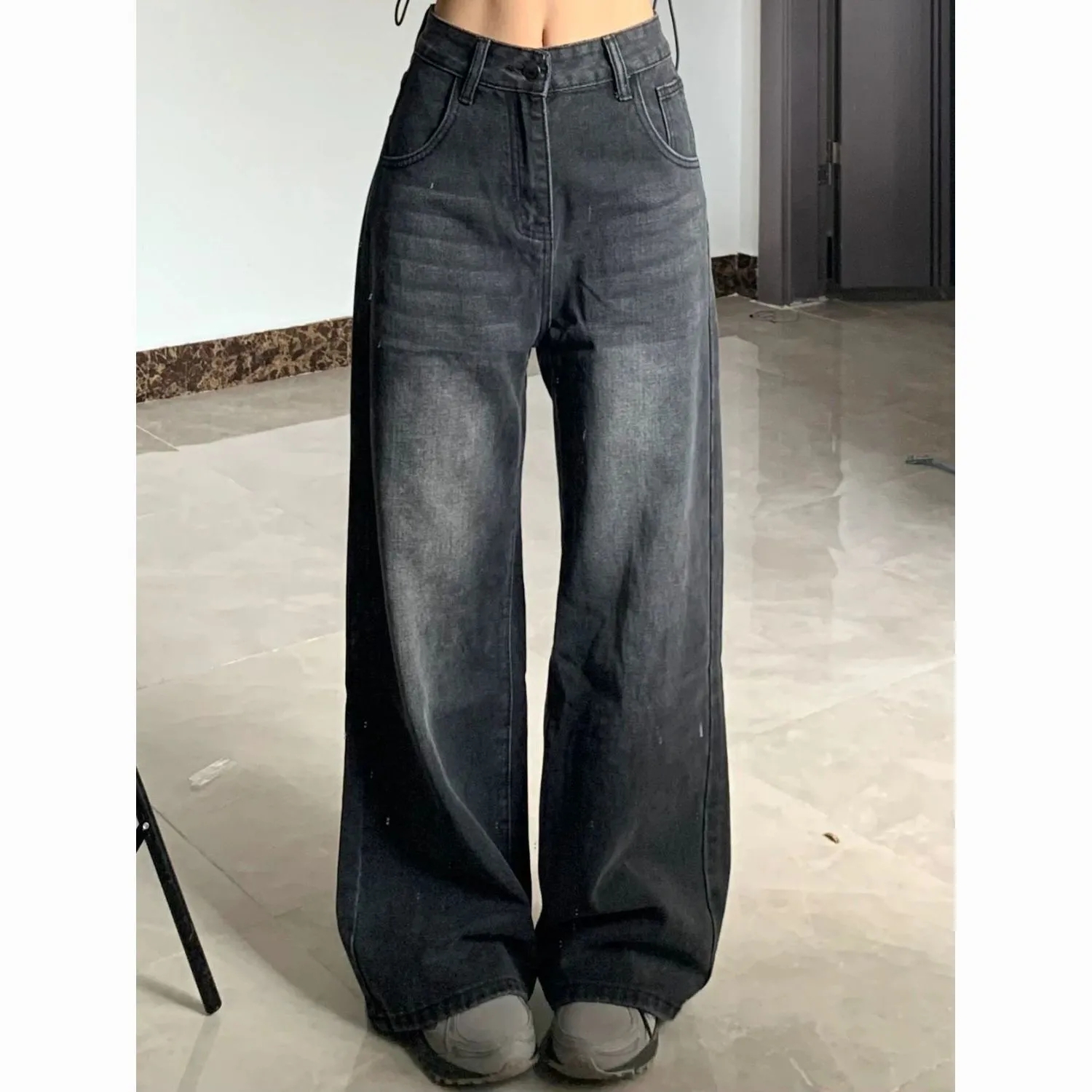 復古高街闊腿牛仔褲女新款高腰寬鬆顯瘦垂感直筒百搭拖地長褲