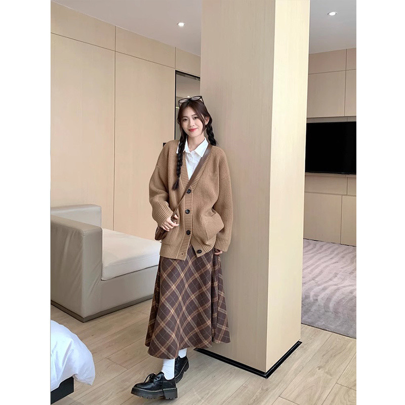 秋冬季茶系穿搭一整套高級感學院風小個子時尚毛衣半身裙兩件套裝
