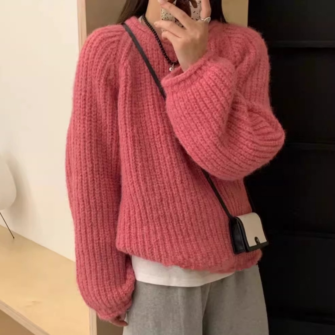 慵懶風卷邊粗毛線毛衣2023秋冬新款女寬鬆顯瘦韓版圓領上衣針織衫
