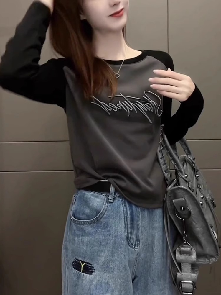 純棉刺繡設計感插肩撞色字母長袖t恤女秋冬新款上衣打底衫