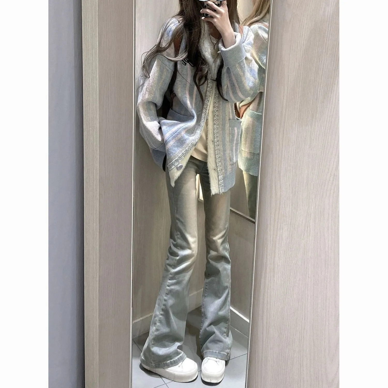 黃泥水泥做舊微喇叭牛仔褲女新款彈力高腰修身百搭顯瘦馬蹄褲