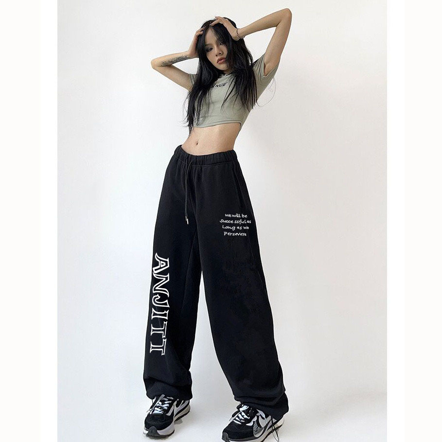 抽繩復古hiphop運動爵士舞寬鬆直筒高腰印花休閒褲子女潮
