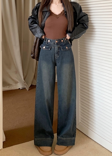 Actual shot#Loose denim trousers for women, high-waisted design, button pocket flaps, straight wide-leg floor-length trousers
