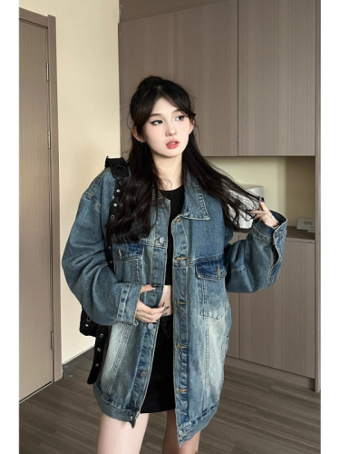 American Hong Kong style washed denim jacket for women casual and versatile college style retro loose casual long-sleeved jacket top