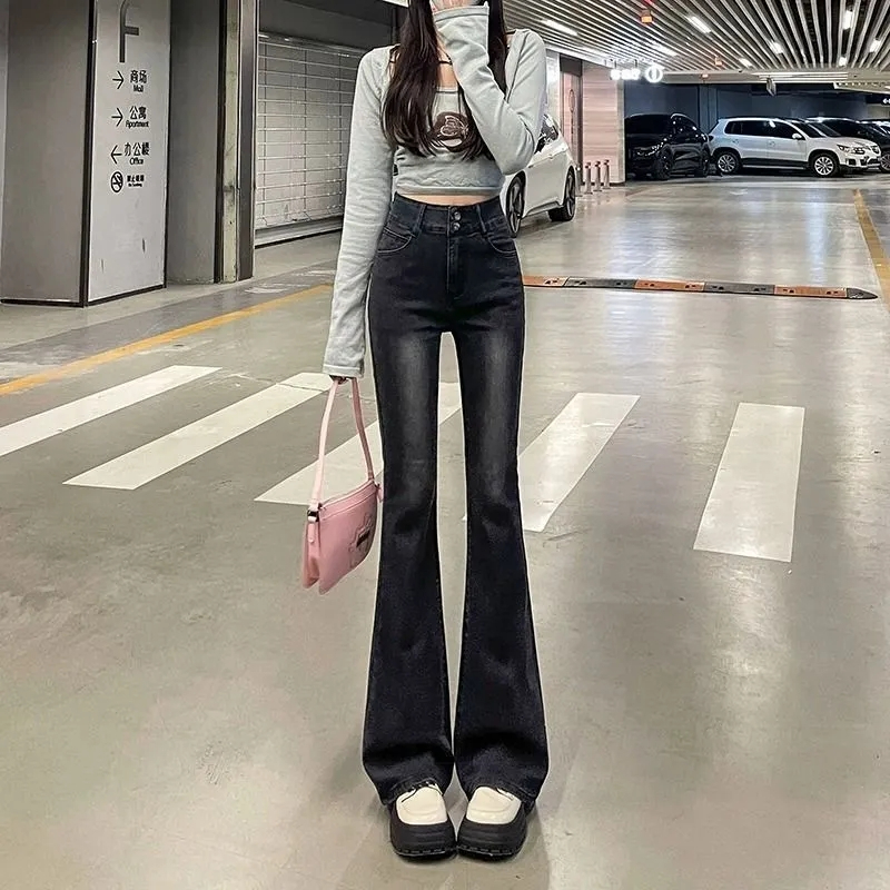 黑灰色高腰微喇叭牛仔褲女春秋新款彈力修身顯瘦馬蹄褲子