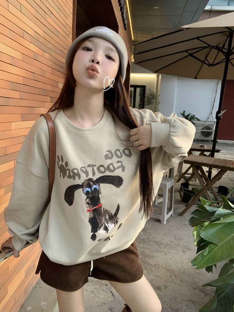 實拍美式復古印花圓領衛衣秋季新款寬鬆慵懶風高腰燈芯絨短褲套裝